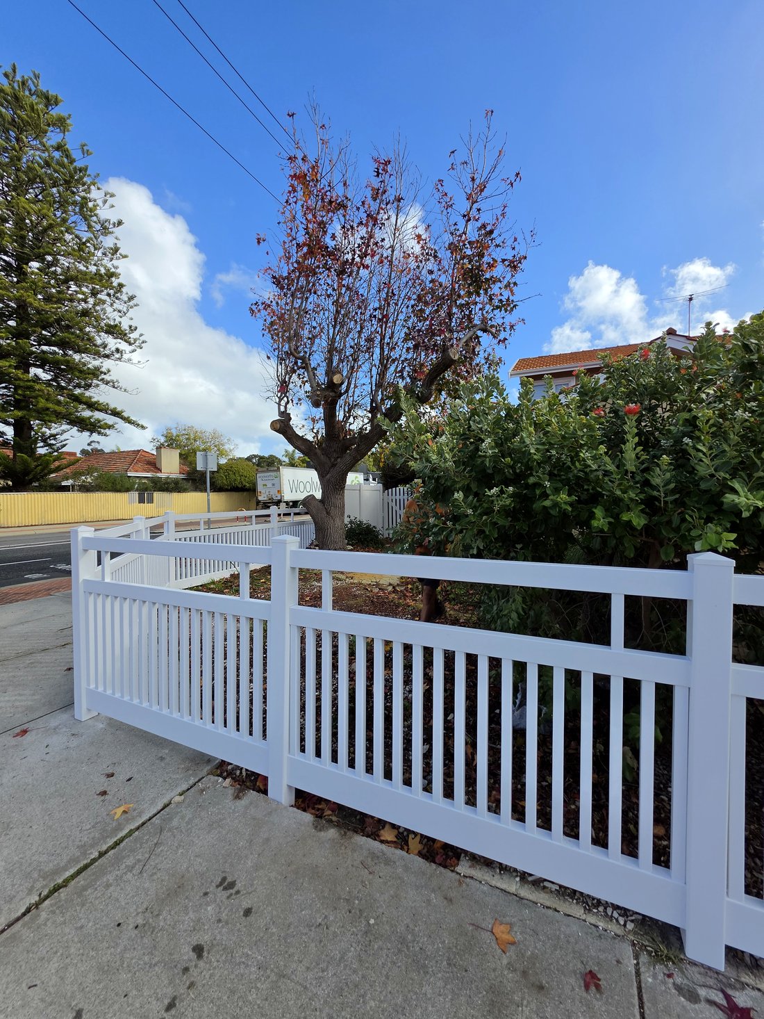 White PVC Hamptons picket fence along a street corner with a mature tree, Perth WA